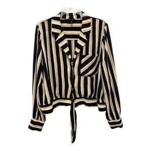 Who What Wear Womens Top 2XL‎ Black Gold White Striped Boxy Button Up Tie Waist